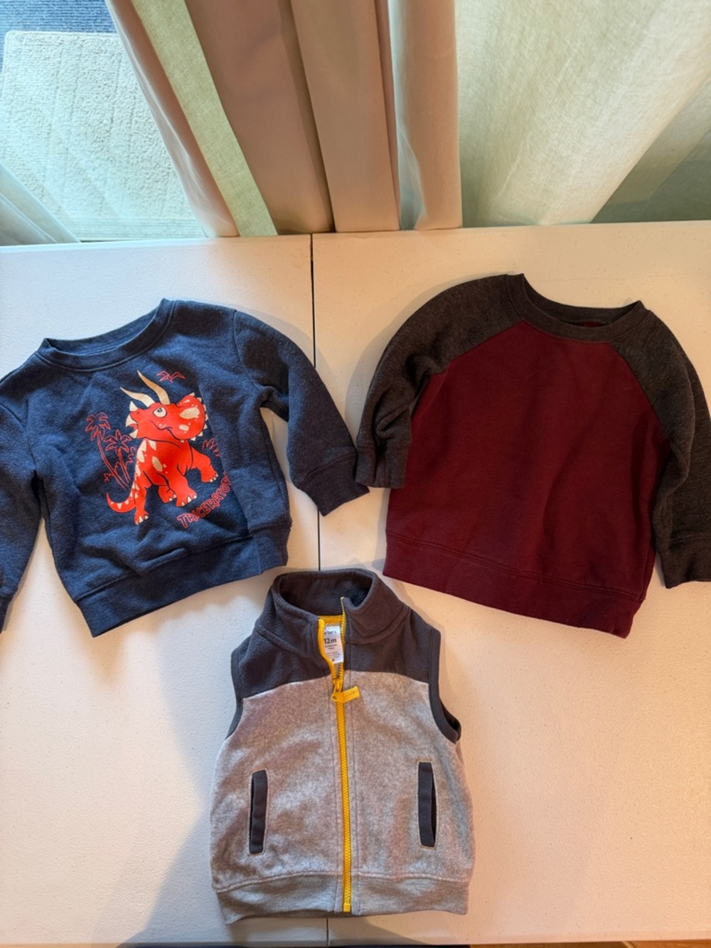 2 Children's Long Sleeve Crewneck Sweatshirt , 1 Fleece Vest.  12 month size